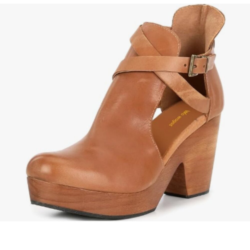 Brown Women's Platform Round Toe Cutout Ankle Boots Strap Buckles Cork Bootie